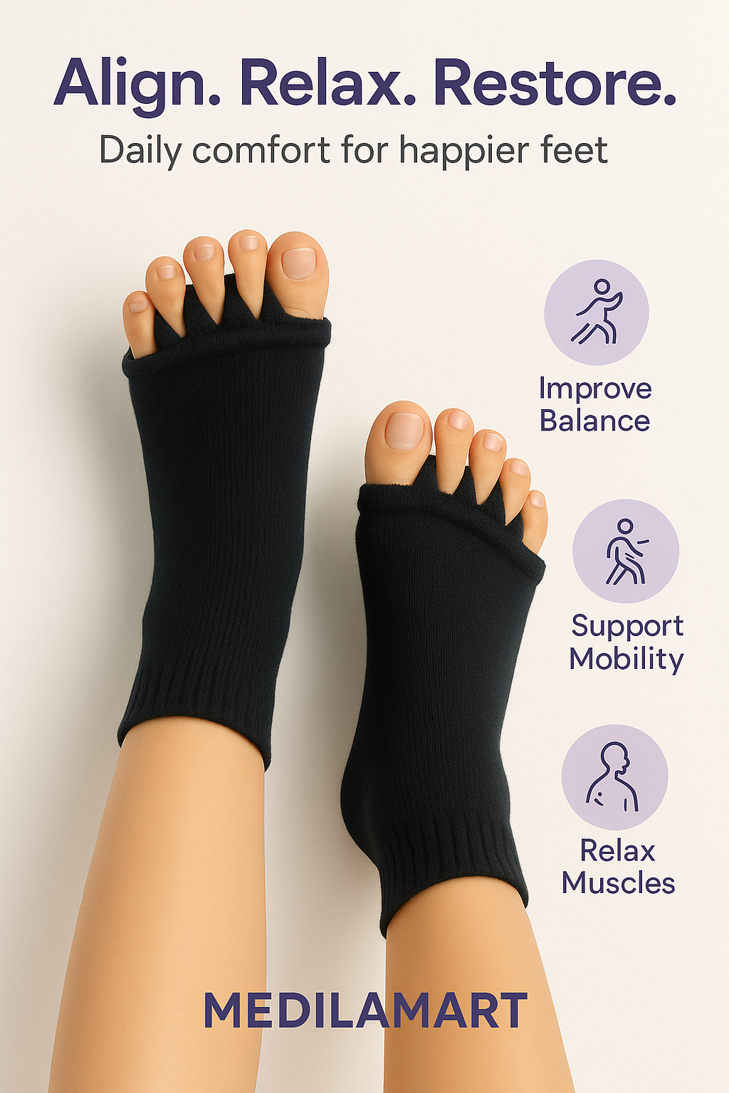 MediℓaMart™- Foot Alignment Socks - Bunion, Diabetic Neuropathy & Heal Pain Relief - Black