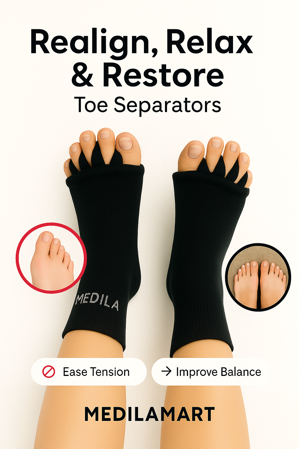 MediℓaMart™- Foot Alignment Socks - Bunion, Diabetic Neuropathy & Heal Pain Relief - Black