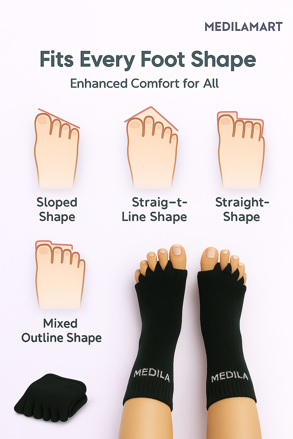 MediℓaMart™- Foot Alignment Socks - Bunion, Diabetic Neuropathy & Heal Pain Relief - Black